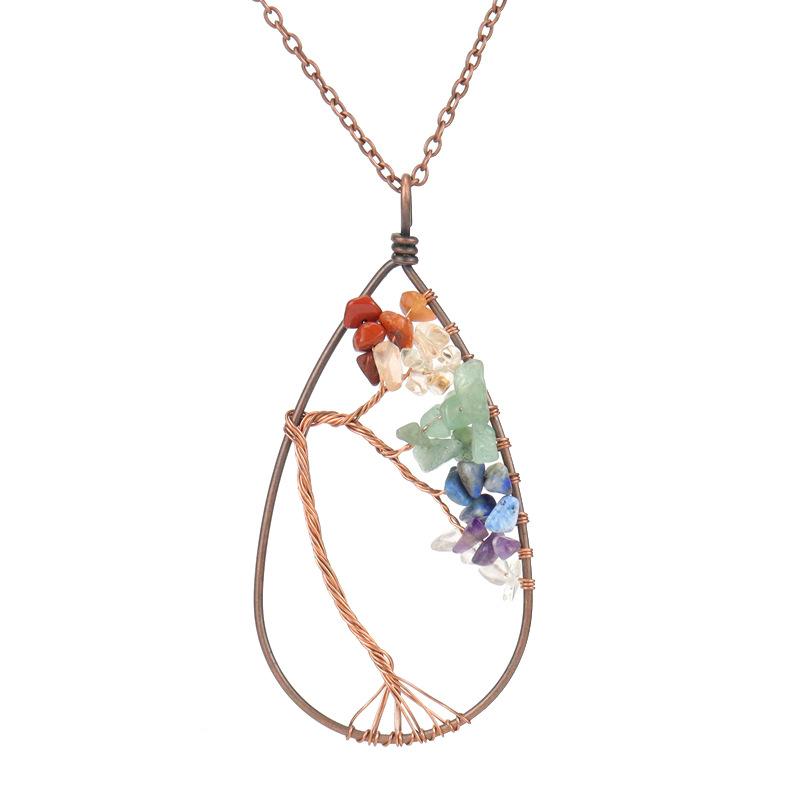 Hand-Wound Copper Wire Gravel Tree Of Life Water Drop Natural Stone Necklace, Curved Tree Of Life Necklace N27