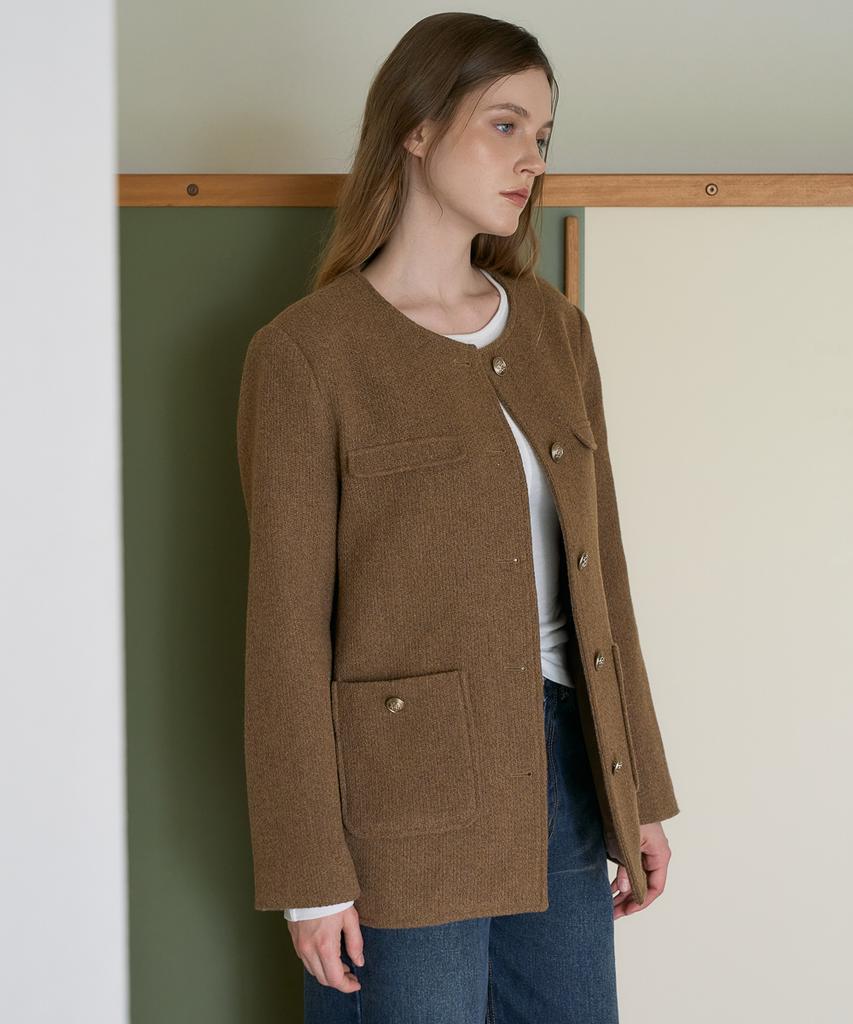 DEHEVE Classic Wool Collarless Jacket [Brown]