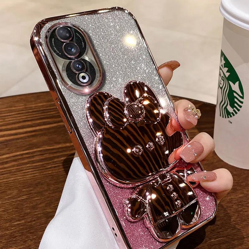 bracket Case For Honor 90 Glitter Mirror Rabbit Holder Soft Case for Honor 90 70 50 Magic5 Lite Pro X8 Shockproof Cover