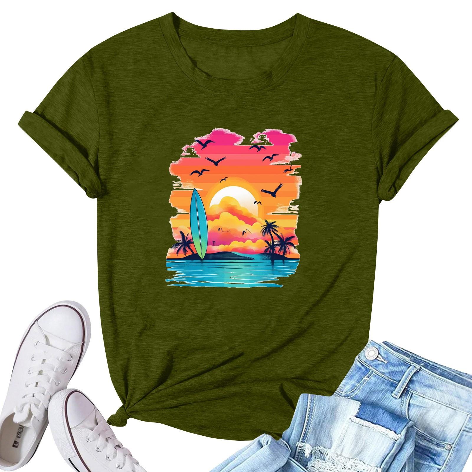 Women s Fashion Printed Casual Pleated Round Short Sleeve T-Shirt Top S