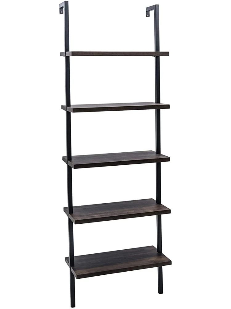 5-Shelf Wood Ladder Bookcase With Metal Frame, Industrial 5-Tier Modern Ladder Shelf Wood Shelves,Dark Walnut