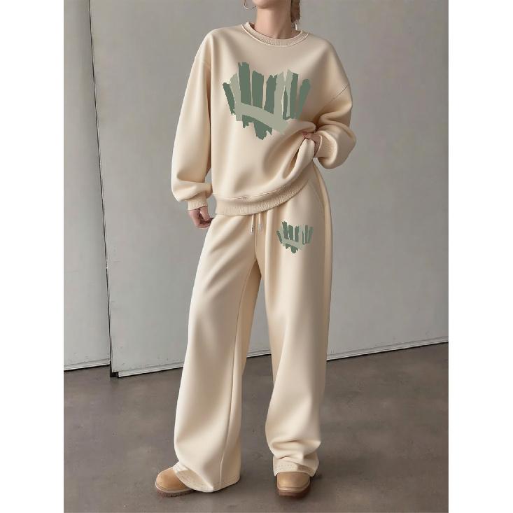 Women's 2-Piece Crewneck Sweatshirt & Drawstring Straight Leg Pants Set, Casual Printed Relaxed Fit Tracksuit, Fashionable Versatile Athleisure