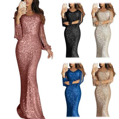 Plus Size Chic Women Sequined Tassel Long Sleeve V Neck Bodycon Party Maxi Dress