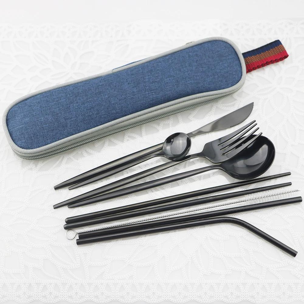 9pcs/Set Travel Cutlery Set Portable Gold Dinnerware Set Stainless Steel Tableware Set With Metal Straw Brush Chopsticks Bag
