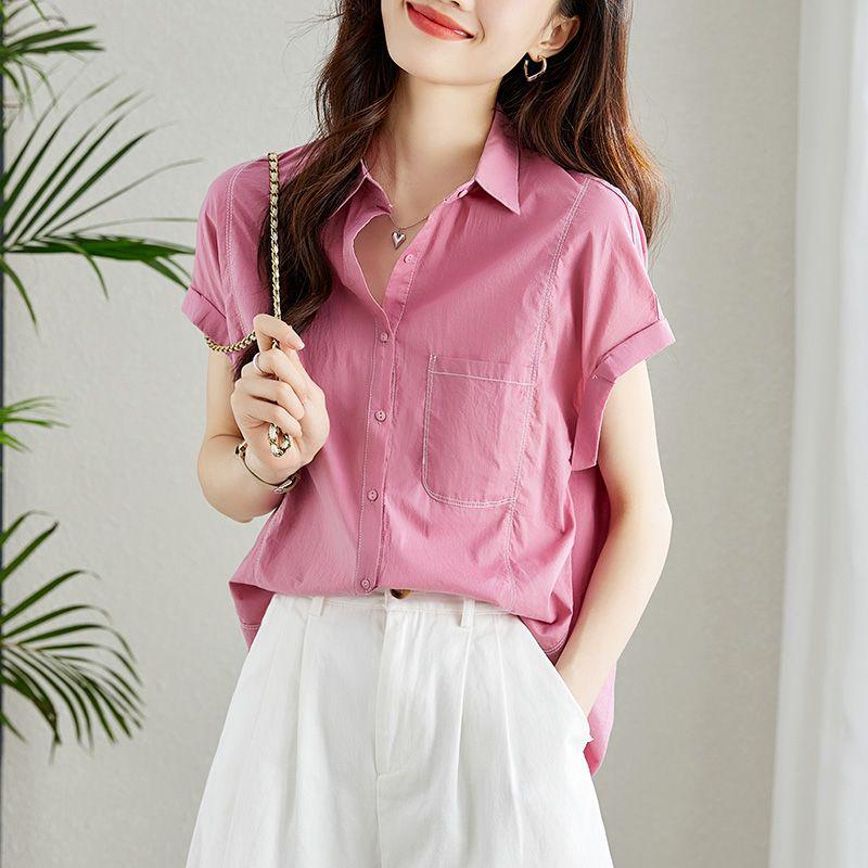 

Women s Cotton Cocoon Short-Sleeve Light Purple Shirt: Summer Korean Fashion, Age-Reducing, Casual Chic Top Large
