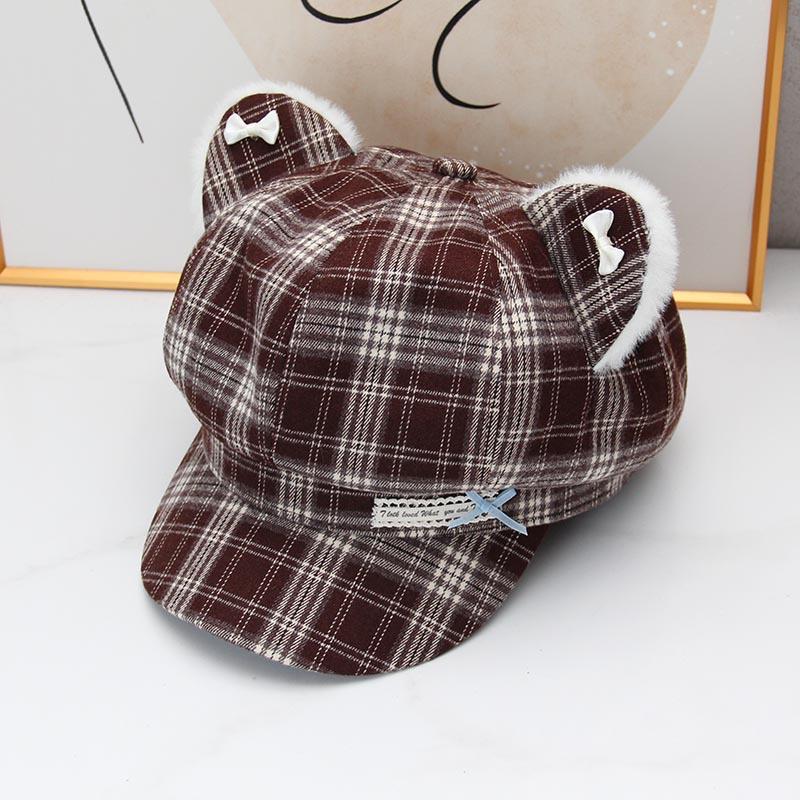 Cute kitten ears plaid octagonal hat women's autumn and winter British college style shows the face of the small versatile newsboy hat tide