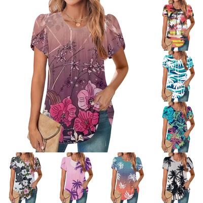 Top feminino casual gola redonda manga curta peito plissado manga flare floral