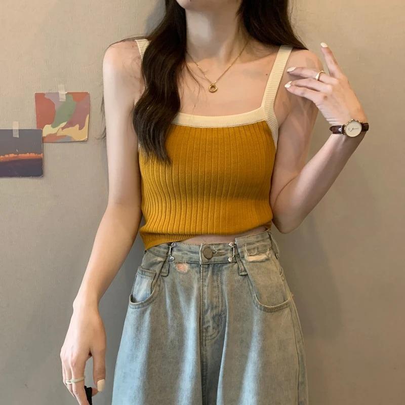 

Summer Womens Black Contrast Color Ribbed Knit Cami Crop Top OneSize жовтий