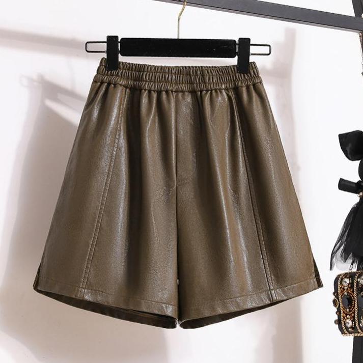 

DIMANAF 2024 Большие размеры, осенне-зимние шорты, женские новые трапециевидные черные повседневные свободные широкие брюки из искусственной кожи, короткие брюки 5XL коричневый