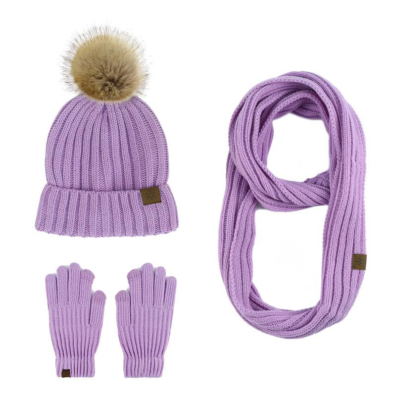 New product winter adult women's hairball knitted hat scarf gloves three-piece outdoor warm scarf set