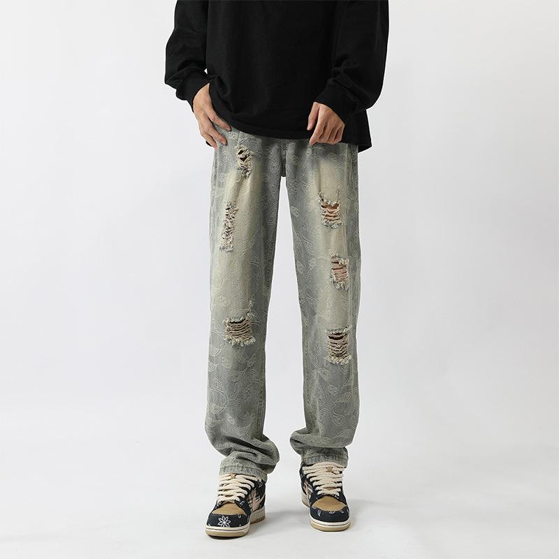 Джинсы JYL мужские рваные винтажные с принтом пейсли стираные уличные прямые джинсовые XL бездна