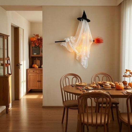 Spooky Outdoor Porch Decor Hanging Ghost with Broom Halloween Decoration, Flying Witch Ornament for Decorations Haunted House Tree Indoor Party