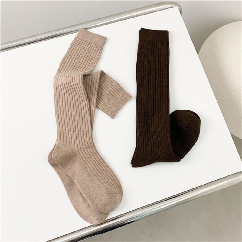 Women Ribbed Knitting Cotton Long Socks Autumn Winter Warm Fashion Solid Color Casual Breathable Knee High Stockings