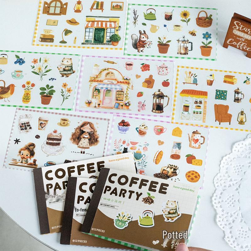 Coffee Scenery Die-Cut PET Sticker Book - Beautiful Day Little Party Series, 12 Sheets