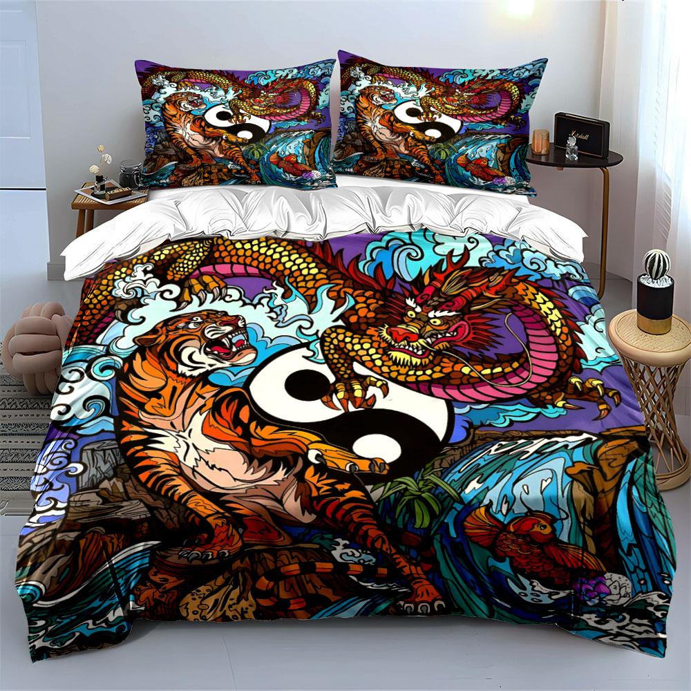 Dragon Tiger Yin Yang Decor Soft Comfortable Duvet Cover Bedding Set Included 1*Duvet Cover & 2*Pillowcases, Gift