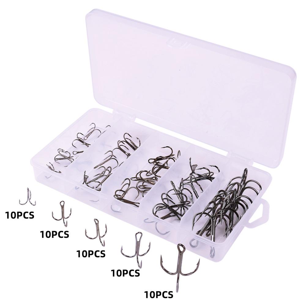50PCS Treble Hooks Treble Fishing Hooks Carbon Steel Treble Fishing Hooks Set Round Bend Hooks Mixed 5 Size