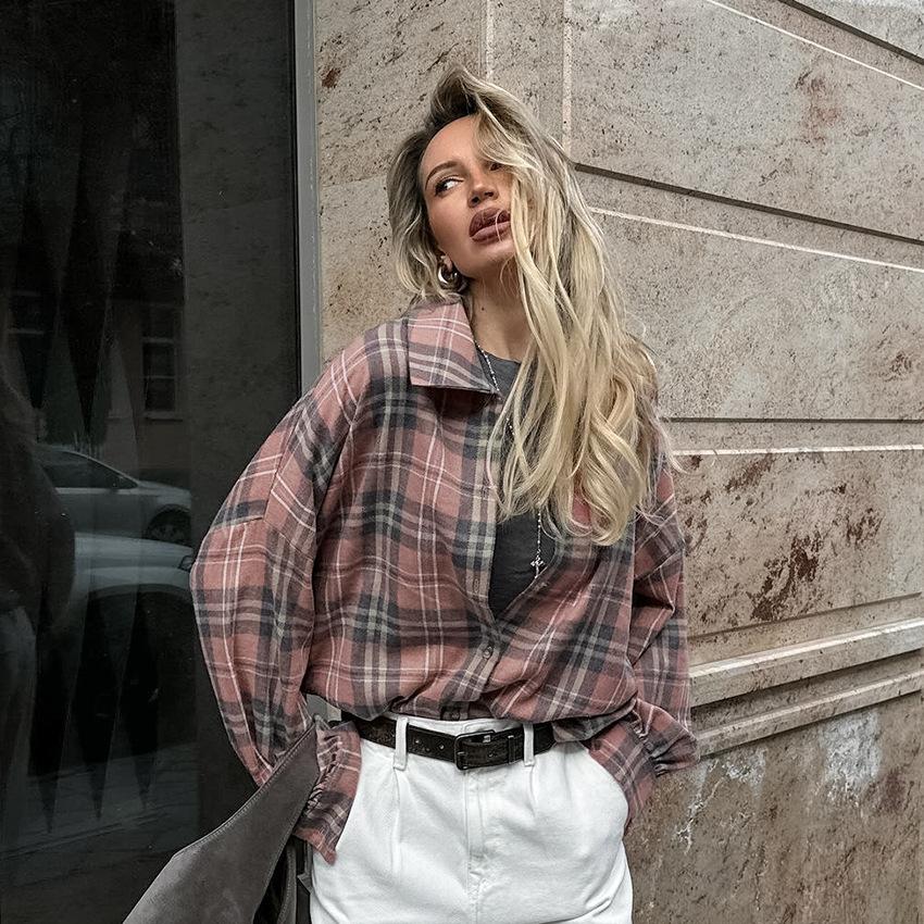 Autumn Fashion Retro Minimalist Loose Polyester Cotton Lapel Plaid Shirt Versatile Russian Long-sleeved Women's Shirt