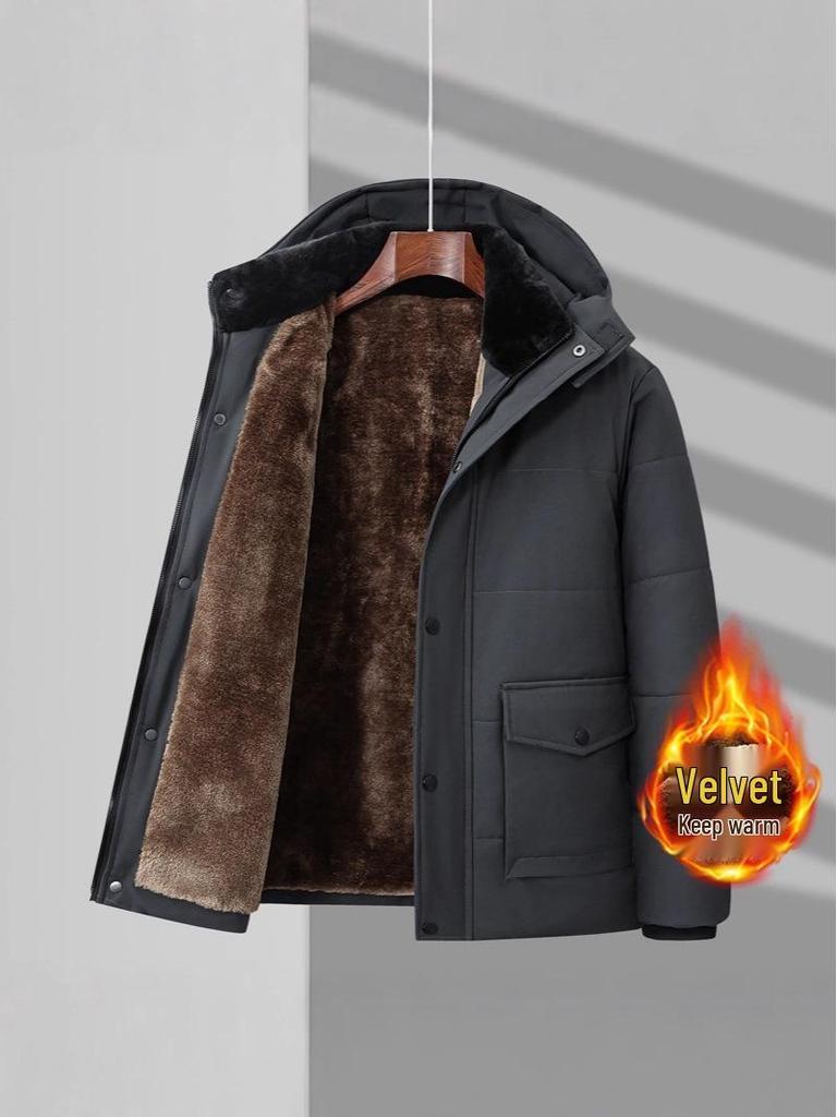 Men's Winter Classic Velvet-Lined Mid-Length Coat with Detachable Hood