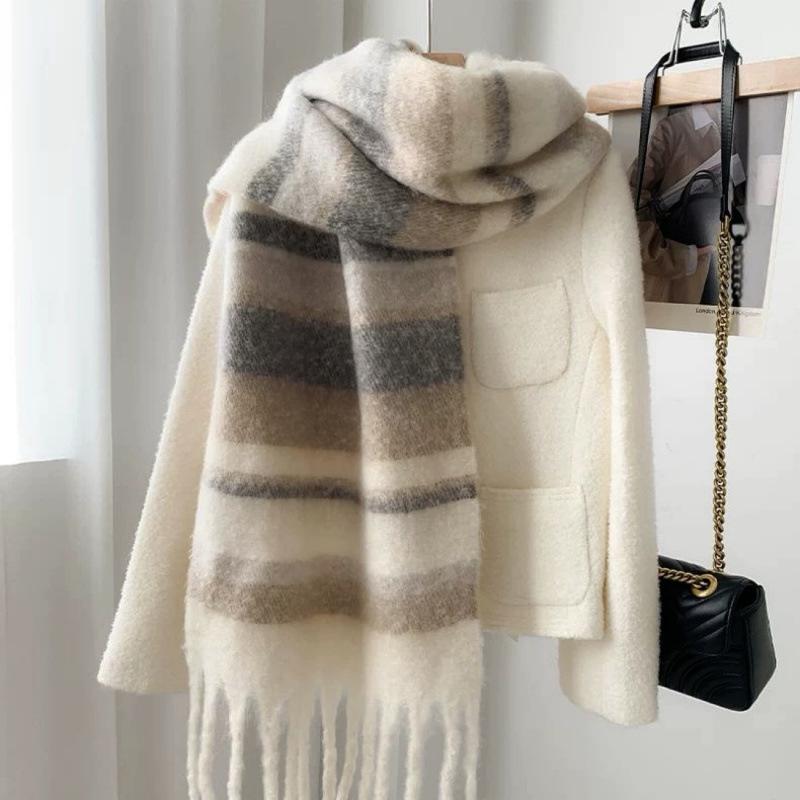 Gradient Color Stripes Autumn and Winter Korean Style Thickened Warm Off White Scarf Women's Simple Tassel Scarf Shawl