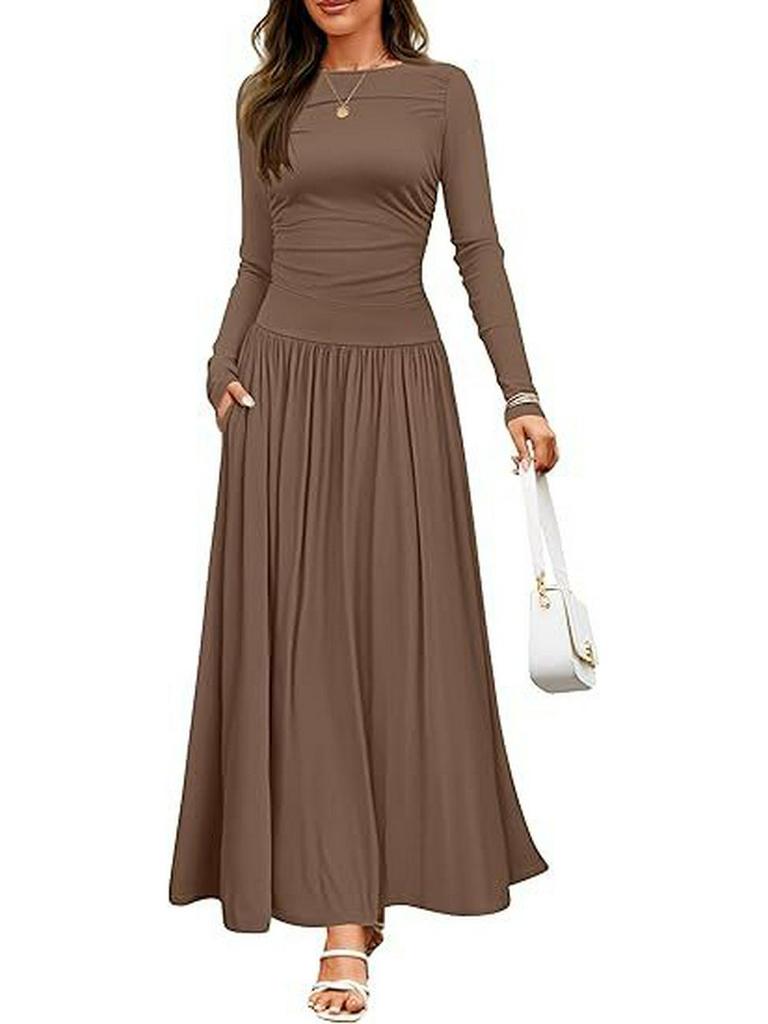 2025 Cross-border Women's Round Neck Pleated Pocket Slim Fit Long Sleeve Knit Dress