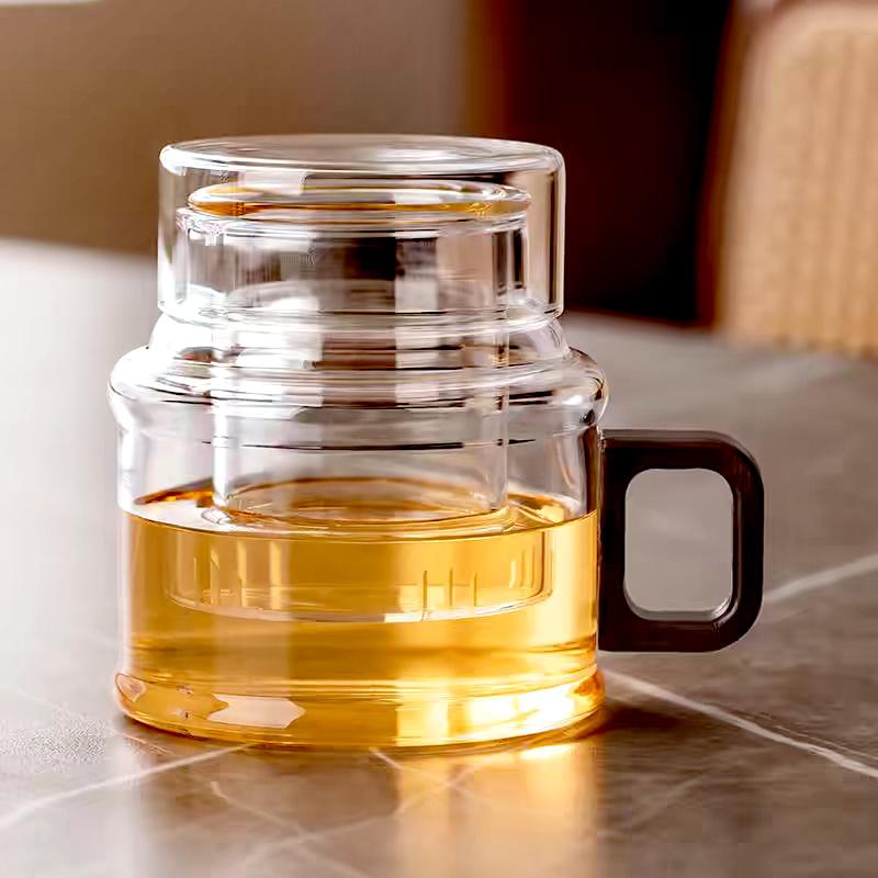 400ml Reusable Heat Resistant Glass Tea Cup with Infuser Filter and Wooden Handle Office Tea Separation Mug Flower Tea Mugs