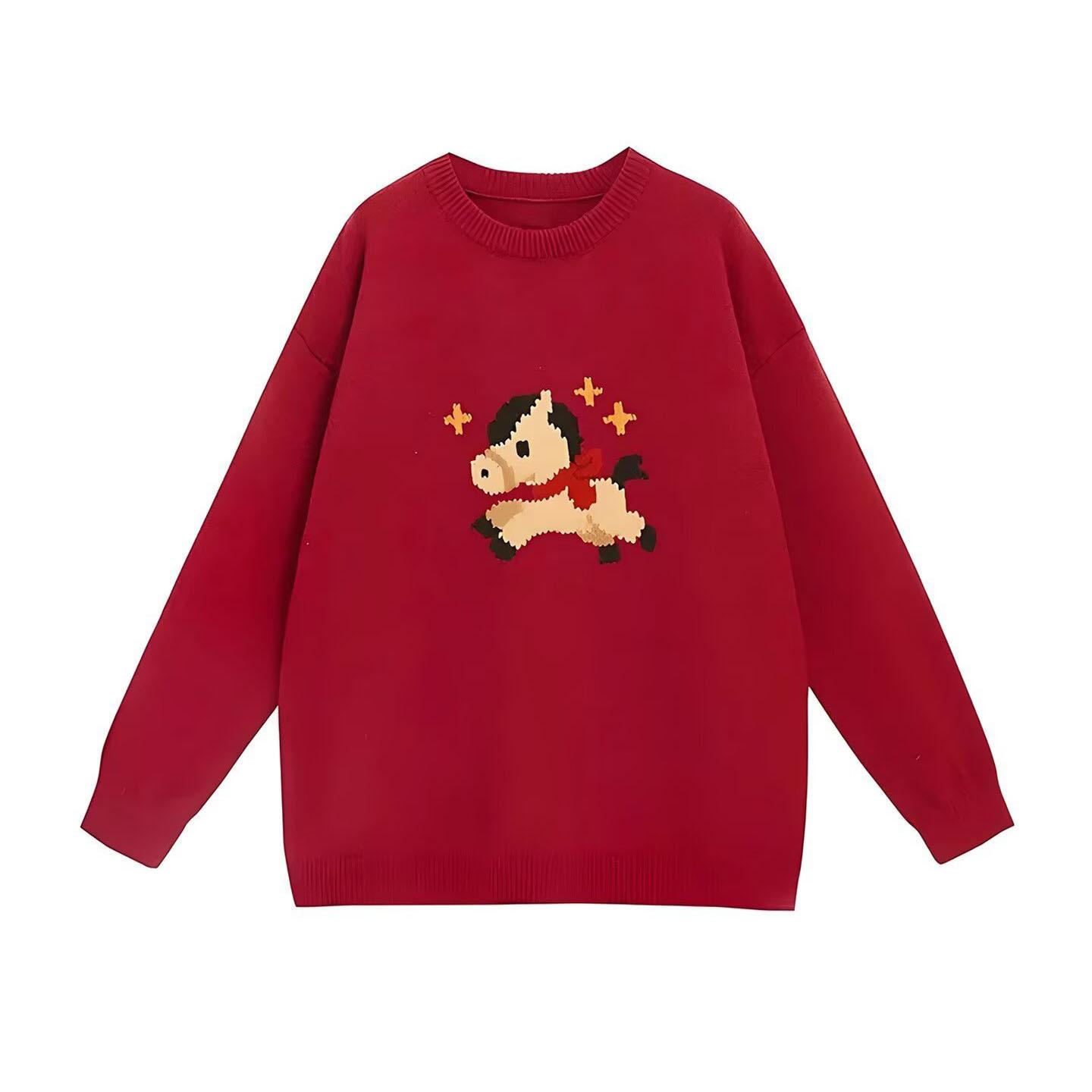 

Zodiac Theme Couple Sweater Red Round Neck Cartoon Print Loose Casual Warm Knitwear Festive Matching Top L червоний