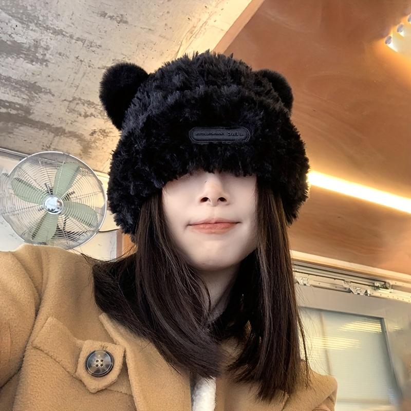 Brief Niedlich Kleine Bärenohren Einfarbig Weiche Plüschmütze Damenmode Winter Verdickt zum Warmhalten Ohrenschutz Gestrickt Mütze ohne Schirm