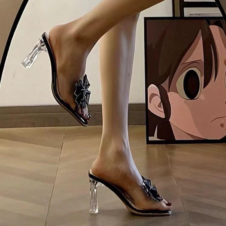 Internet Celebrity Thick Heel Fashion Bow Summer Wear 2025 Transparent Crystal High Heel Slippers Rhinestone Sandals Fairy