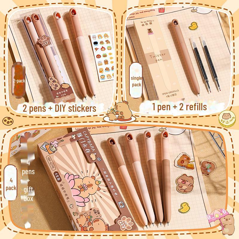 "Capybara Twist Gel Pen: High-Value, Low Gravity Black Quick-Dry Brush & Rotating Core Pen"