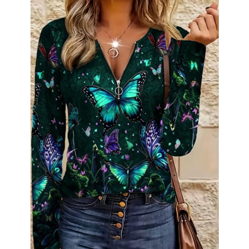 Women's Elegant Butterfly Print Round Neck Long Sleeve Top - Vibrant Digital Art Design