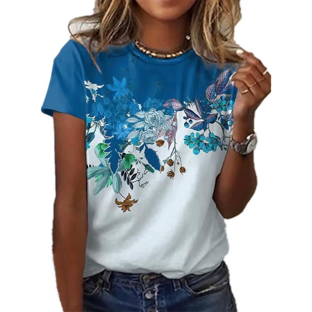 Fashion art floral pattern T-shirt for ladies, summer casual printed outfit