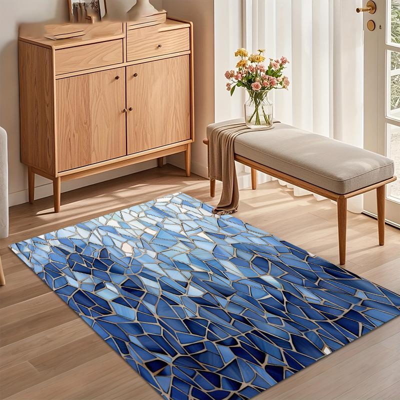 Blue Mosaic Area Rug Non Slip Washable Floor Carpet for Living Room Bedroom Entryway with Irregular Tile Pattern