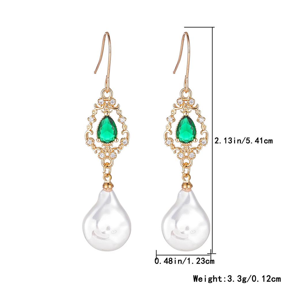 Classical Irregular Pearl Drop Earring with Green Zircon Rhinestone Gold Color Earrings for Women Exquisite Romantic