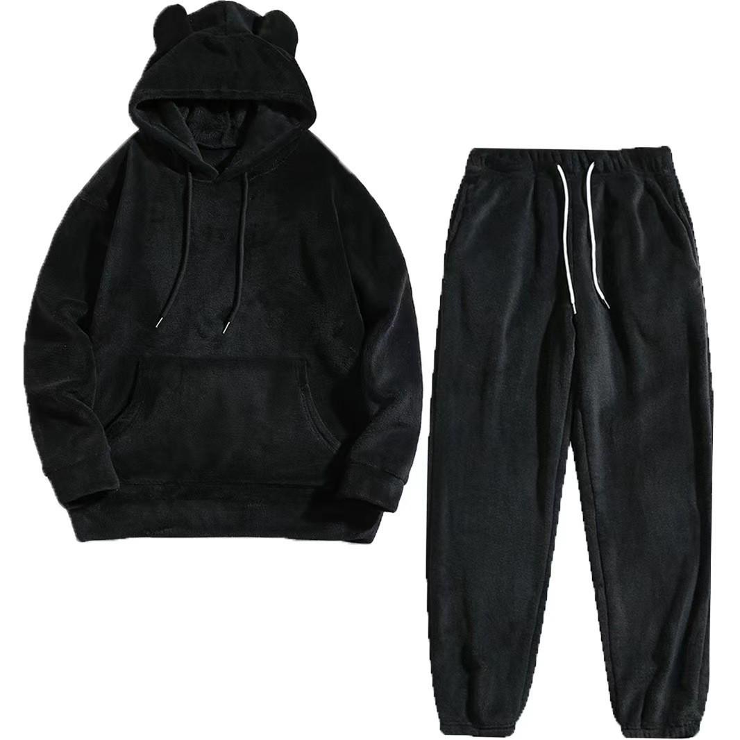 

Men s Plus Size Hooded Sweatshirt & Trousers Set - Autumn/Winter Coral Fleece Casual Wear Small чорний