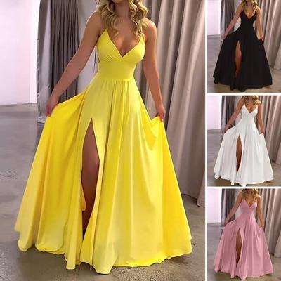 Women Ball Gown Off Shoulder Low-cut V Neck Backless Sleeveless Solid Color Split Hem Pleated Tight High Waist Floor Length Evening Dress