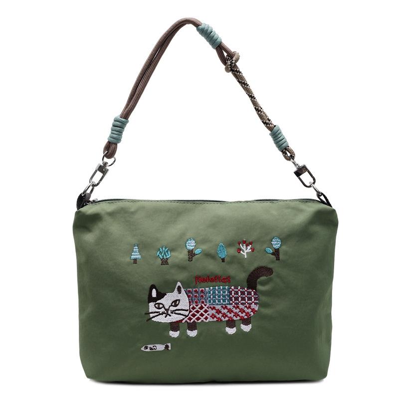 Large capacity spring and summer cat embroidery bag waterproof portable messenger bag shoulder bag shopping bag cartoon nylon bag female