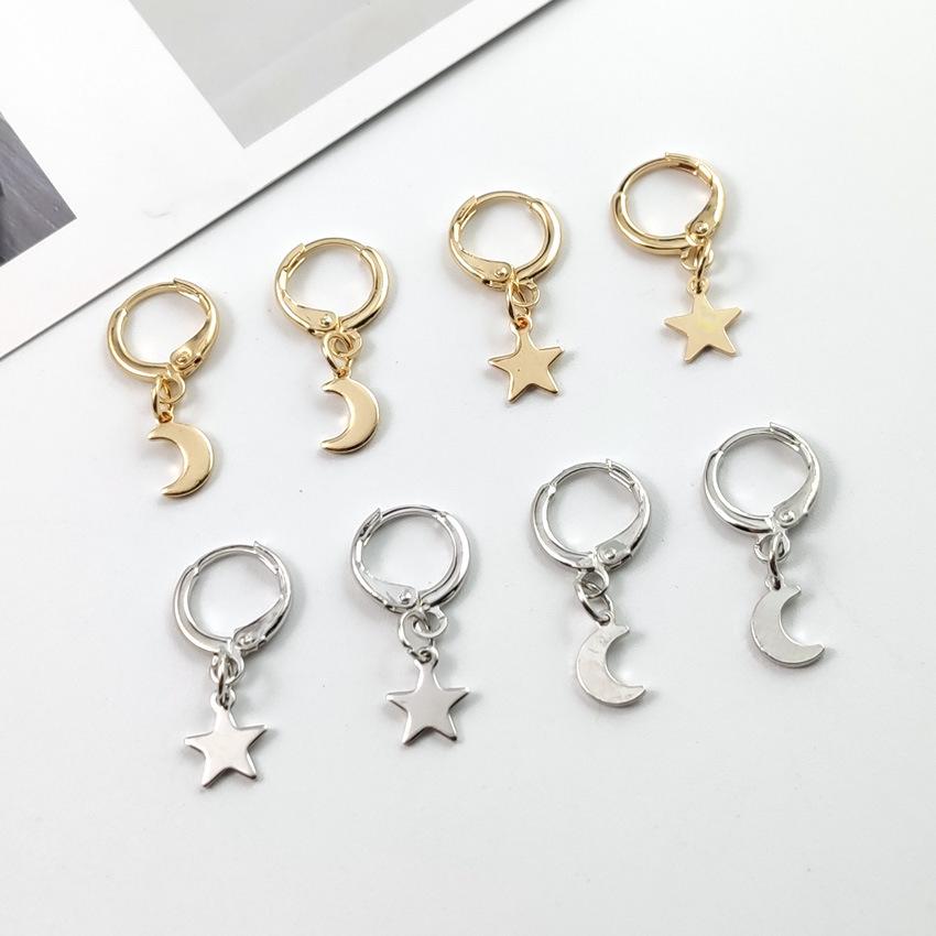 New European & American Fashion Stud Earrings: Simple Star, Moon, & Cross Designs