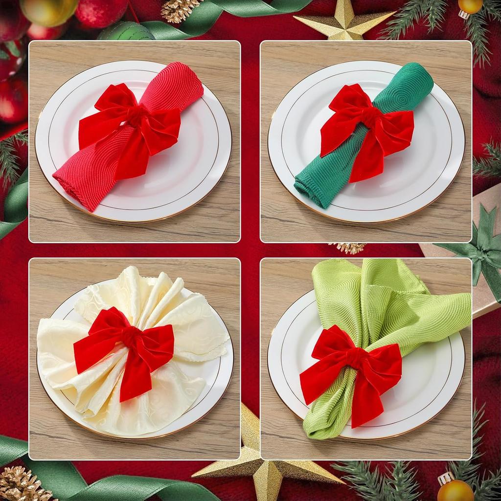 4pcs Red Bow Velvet Napkin Holders Chic Velvet Bowknot for Xmas Dinner Birthday Part Wedding Table Decoration Home Table Setting