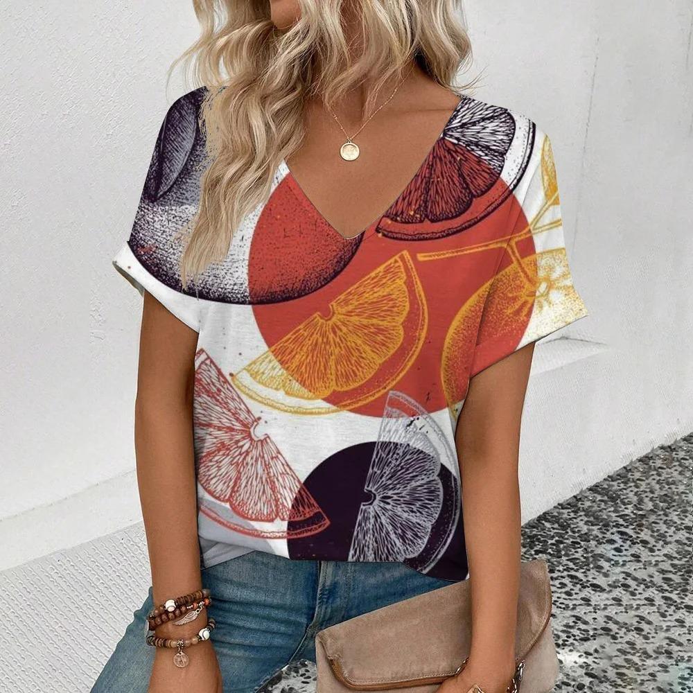 Damski letni T-shirt 3D z dekoltem w serek, modny, z krótkim rękawem, z zabawnym wzorem owocowym, cienki, luźny, casualowy, duży, oddychający, wkładany przez głowę