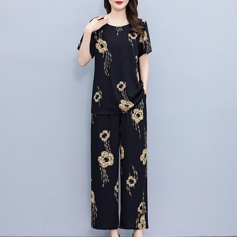Plus Size Sommer-Vintage-Druck-Hosen-Sets mit weitem Bein, lässig, elegant, lockere Sets für Damen, 2-teilig