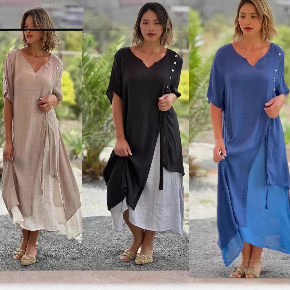 

European & American Women s Asymmetrical V-Neck Short-Sleeve Dress - Summer Fashion XXL синій