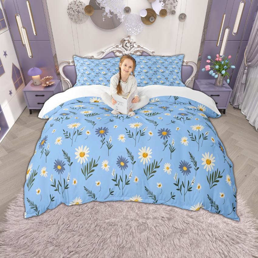 Homewish Colorful Floral Duvet Cover Set For Girls 2Pcs/3Pcs Cute Daisy Strawberry Bedding Cherry Flower Checkered Bed Set