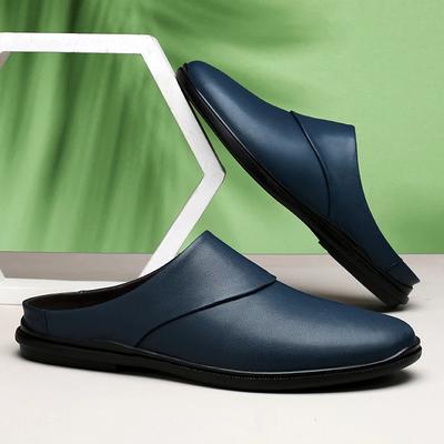 Moda Novas Pantufas Masculinas de Couro Genuíno Sapatos Casuais Respiráveis de Verão Slip-on Preguiçosos Meio Sapato Loafers para Caminhada Mocassins Masculinos Meio Arraste