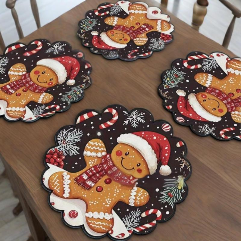 4Pcs Christmas Circular Waves Placemats Non Slip Heat Resistant Table Mats Winter Dining Party Christmas Decor Round Tablecloth