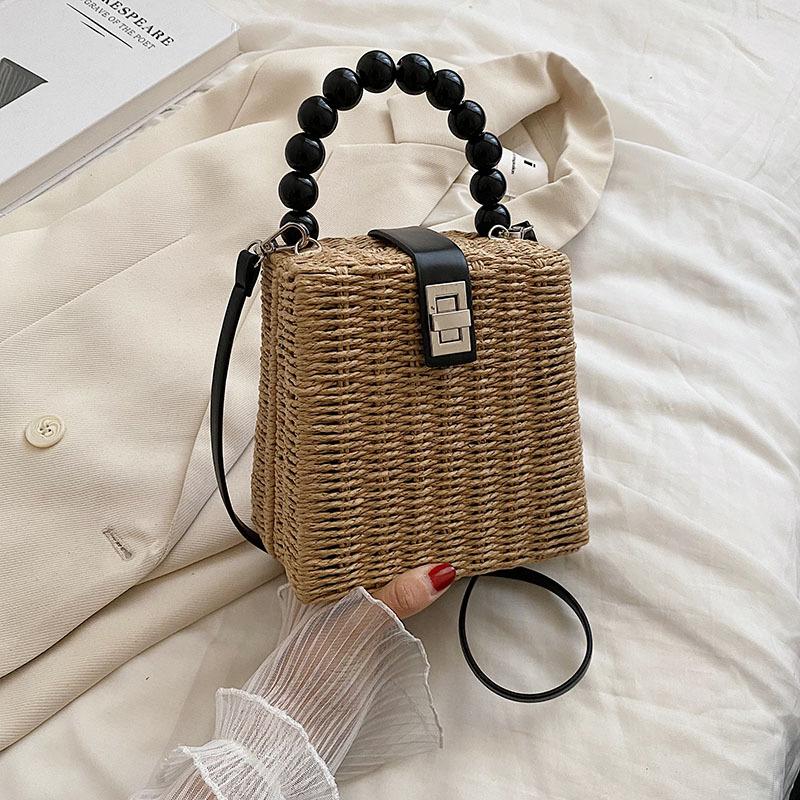 Summer Rattan Small Square Bag Casual Style Beach Bag Handbag Woven Handmade Top-handle Bag Shopping Portable Purse Totes