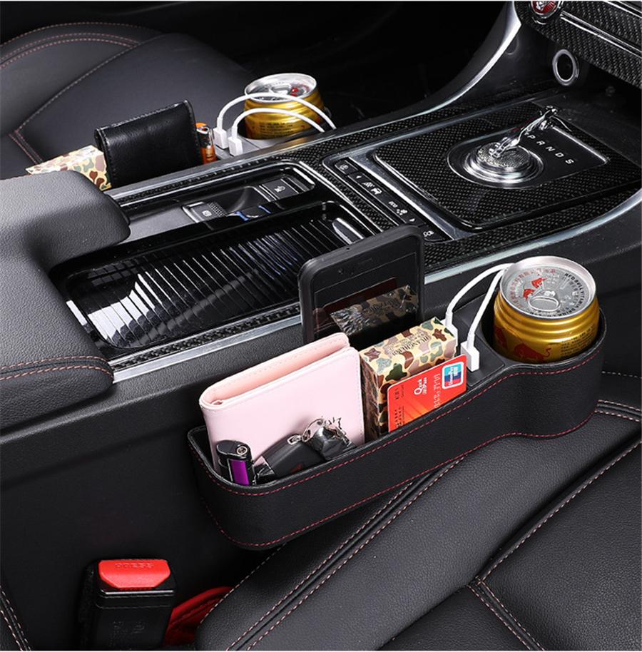 Pair Left + Right PU Leather Car Seat Gap Storage Box Crevice Organizer Pocket Dual USB Cup Holder