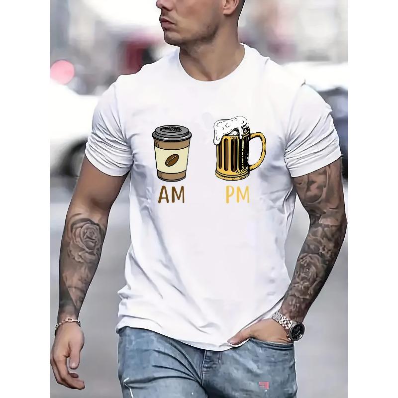 

Stylish Casual Men s Short-sleeve T-shirt - Featuring an Adorable Coffee and Beer Graphic Design, Breathable and Comfortable Crew-neck Top 4XL білий