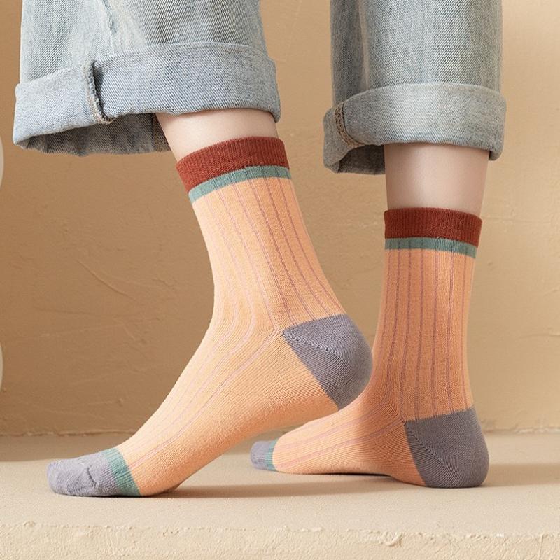 5 Pairs Korean Harajuku Style Retro Striped Socks Cotton Mid-tube Women's Socks
