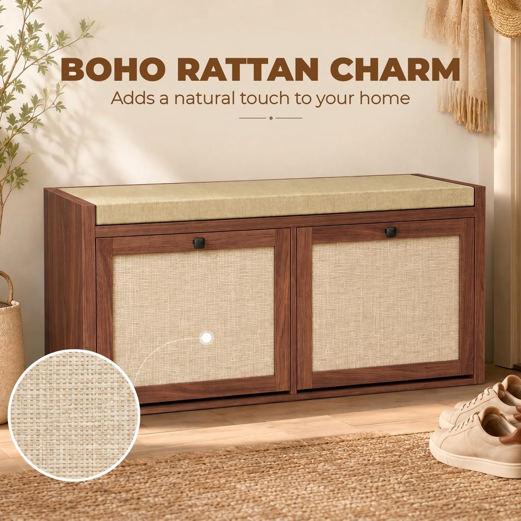 Rattan Shoe Bench With Padded Cushion And 2 Cabinets For Hidden Storage Brown