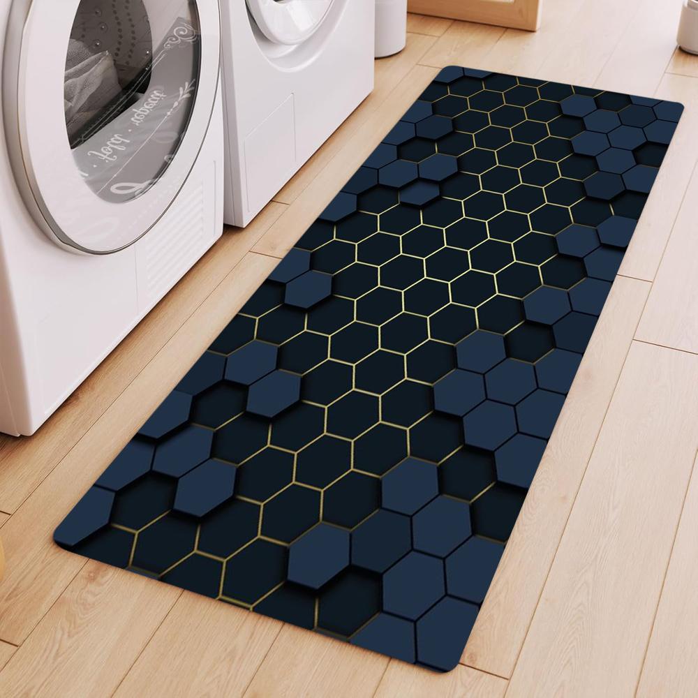 

Modern Tech Style 3D Hexagon Long Carpet Black Navy Geometric Runner Rug Floor Mat for Laundry Room Living Room 40cm x 120cm